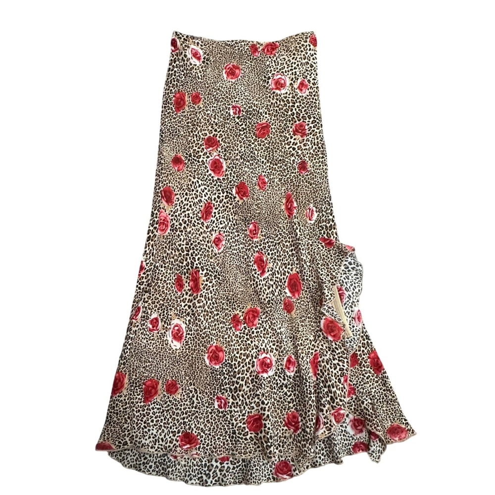 Dorothy Perkins Euro Leopard Rose Print Ruffle Midi Skirt Brown Red Size 8UK - Picture 1 of 8